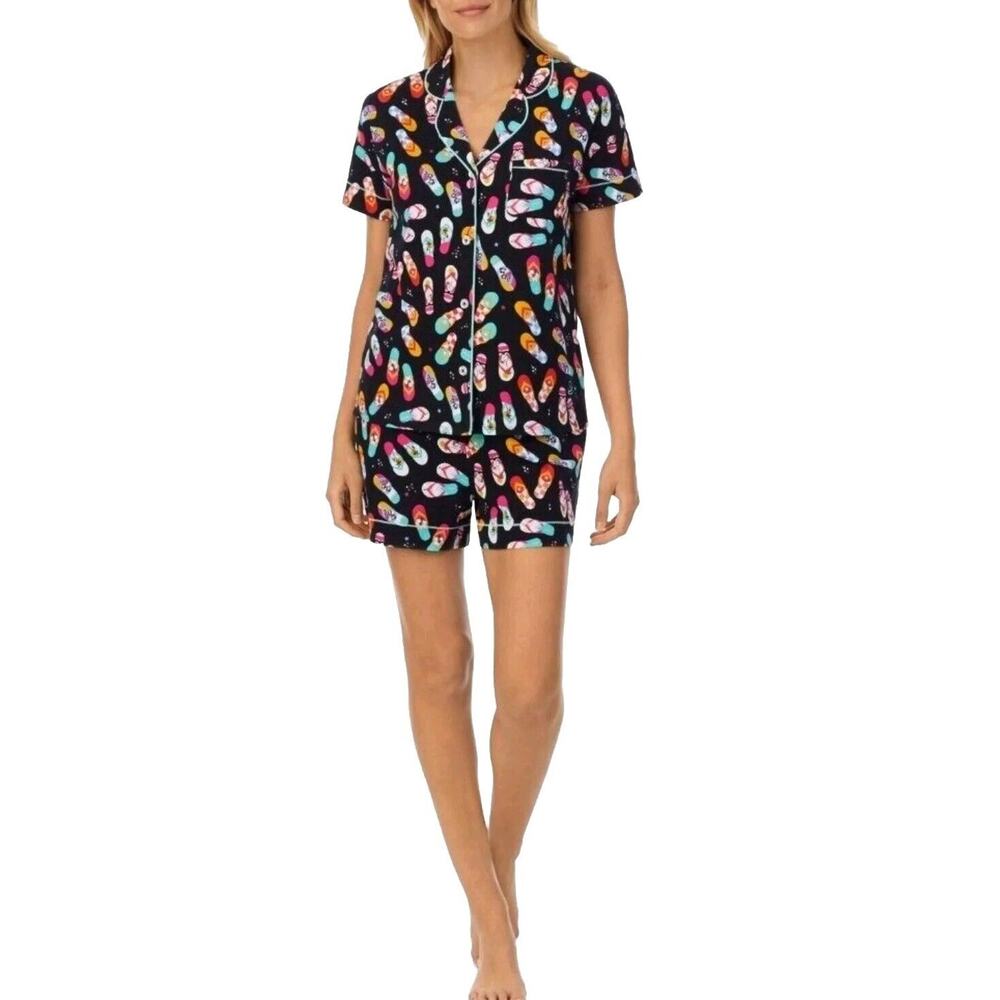 Cuddl Duds Pajama Set Top Shorts Womens Sz S Black Tropical Flip Flops Floral